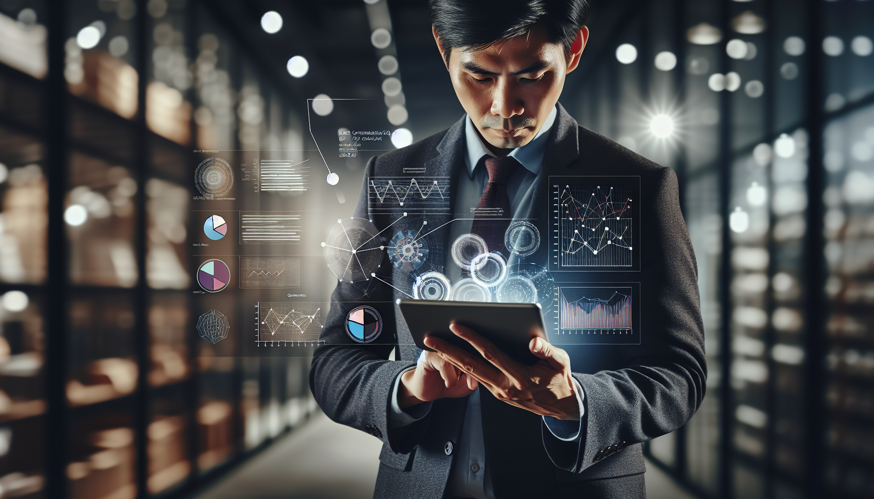 A person in formal attire is looking at a tablet in a dimly-lit room with holographic data charts, including a customer rewards program, floating in the air around them. Shelves filled with items are visible in the background.