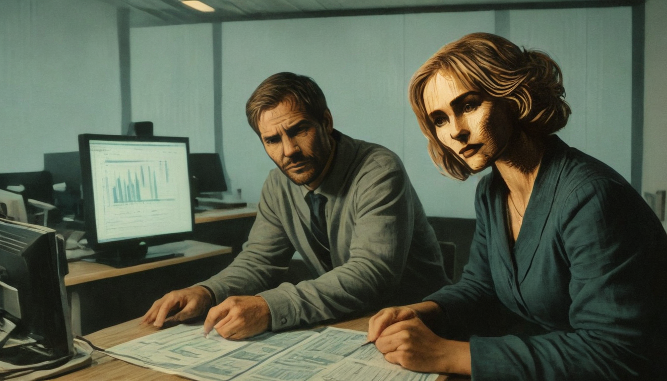 A man and a woman sit at a desk reviewing documents with graphs. A computer displaying charts is in the background. Both have serious expressions and are focused on the paperwork, likely discussing Customer Retention Strategy to boost brand loyalty initiatives.