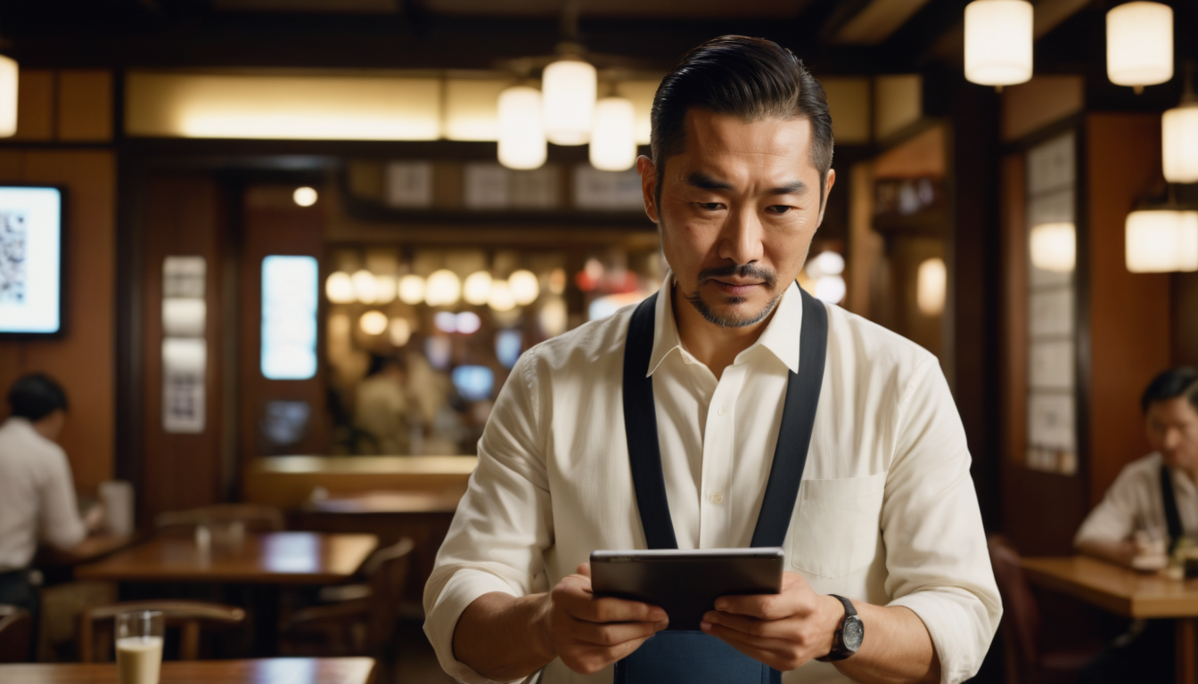 A man with a beard, wearing a white shirt and suspenders, looks at a tablet featuring the restaurant loyalty program in a busy, warmly lit restaurant.