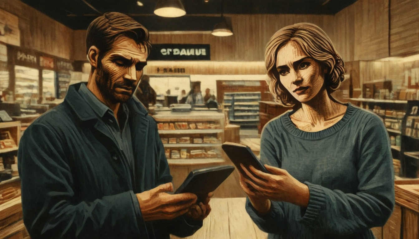 Two people stand in a bookstore, both looking at their smartphones. The man is wearing a dark jacket, and the woman is in a blue sweater. Shelves of books are visible in the background, showcasing an ideal spot for discussing Business Loyalty Solutions amidst cozy ambiance.