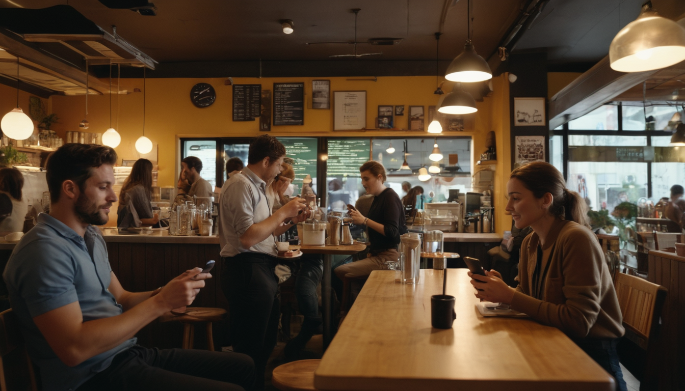 People at a cafe, some seated and chatting about customer loyalty program ideas, others using smartphones, with warm lighting and a casual ambiance.