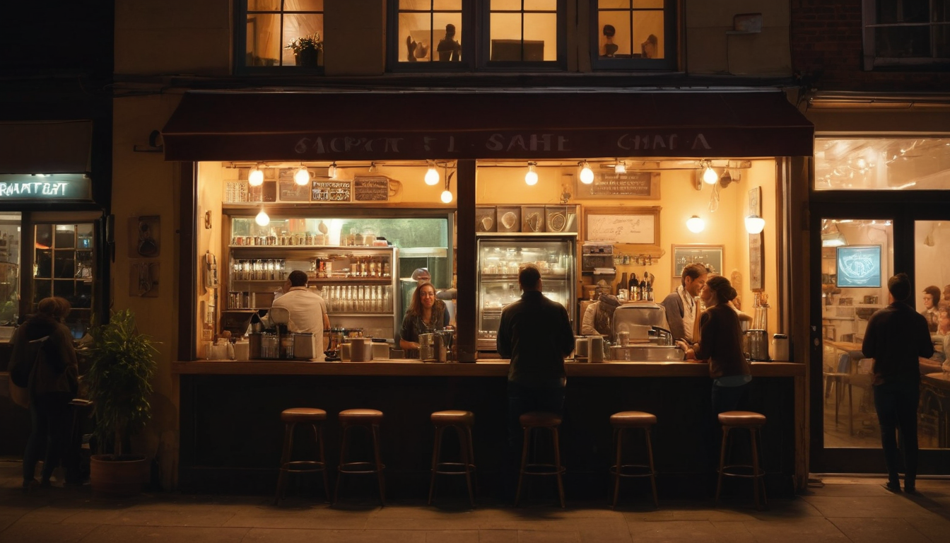 Nighttime view of a cozy, well-lit café with patrons being served at an open counter, featuring stools and an inviting atmosphere. This café offers a loyalty program for frequent visitors.