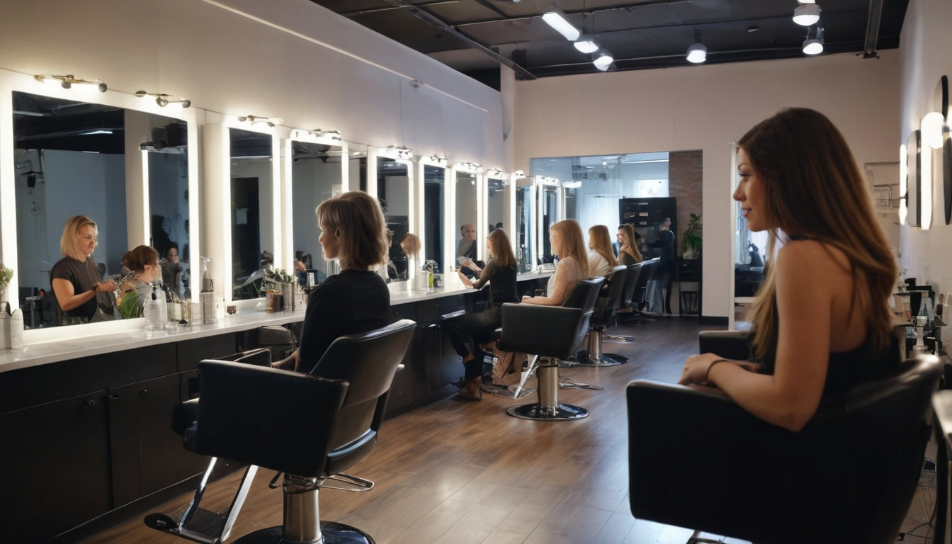 Women participating in hair salon loyalty programs being styled in a modern, well-lit hair salon with large mirrors and black chairs.