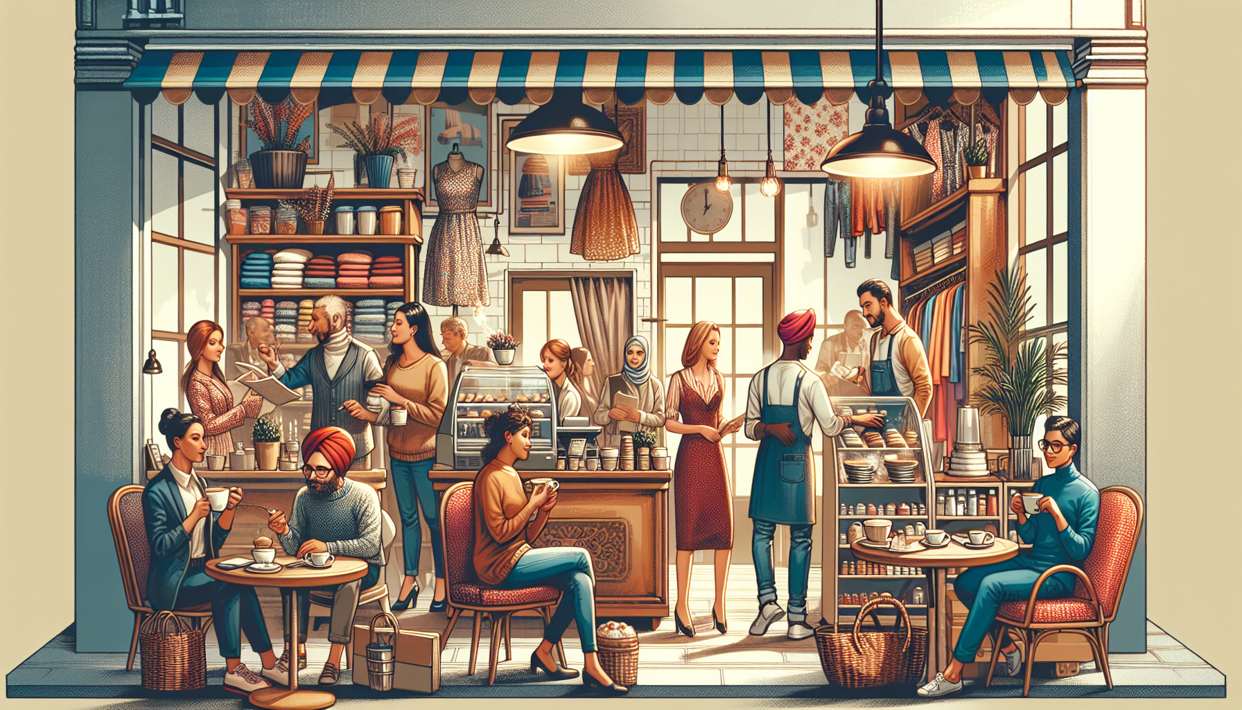 Illustration of a bustling cafe interior with diverse patrons enjoying coffee and conversation, participating in the loyalty program for small business, and staff serving and interacting.