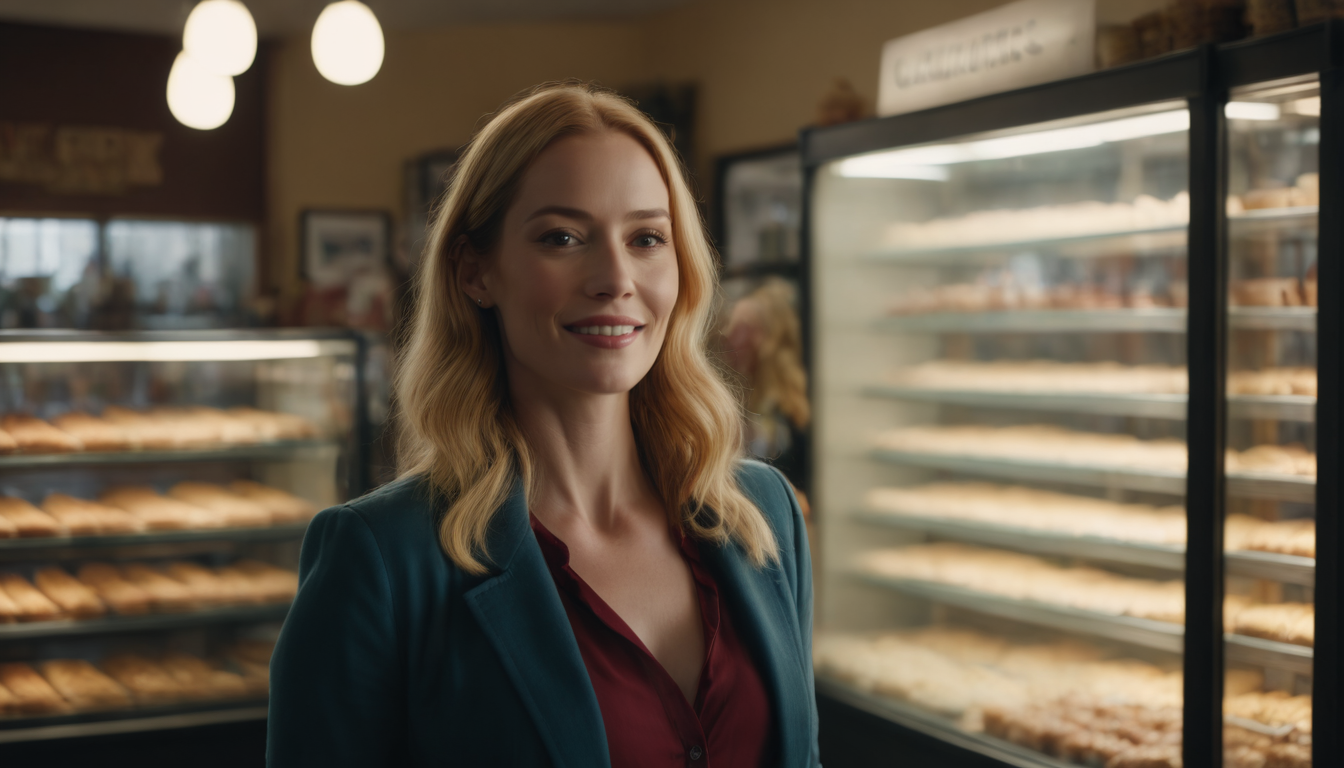 A smiling woman with blonde hair, wearing a teal blazer over a red shirt, stands in a bakery with shelves of pastries in the background, promoting their customer rewards app.