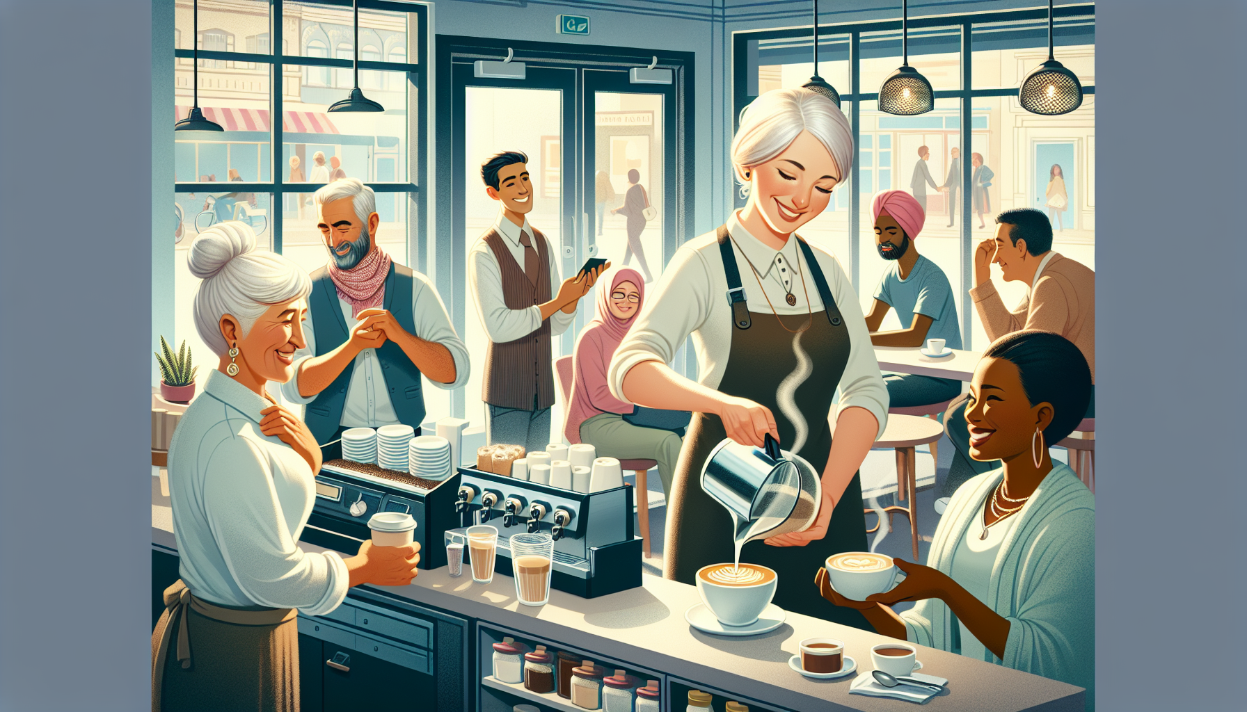 A waitress pours coffee for a customer in a bustling, diverse cafe with happy patrons of various ages and backgrounds, all benefiting from their small business loyalty program.