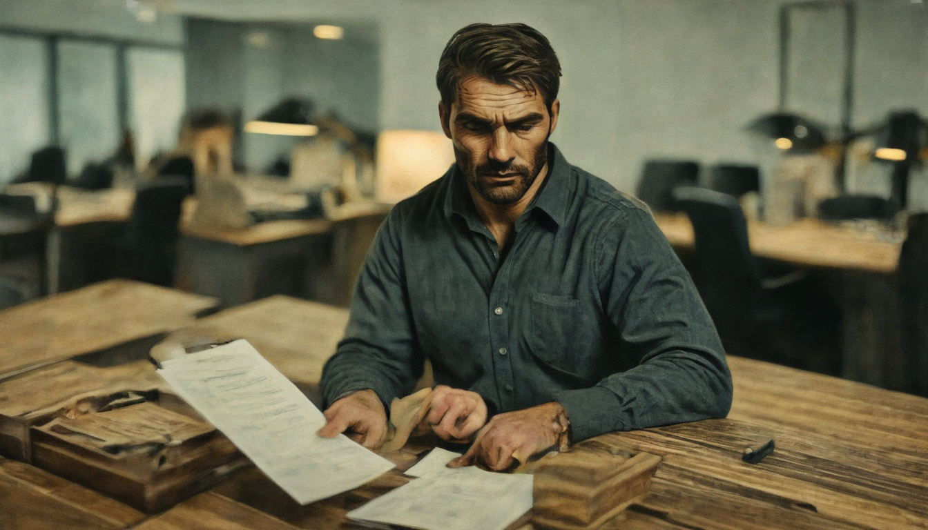 A man in a blue shirt sits at a wooden table, carefully reviewing papers on brand loyalty initiatives in an office setting.