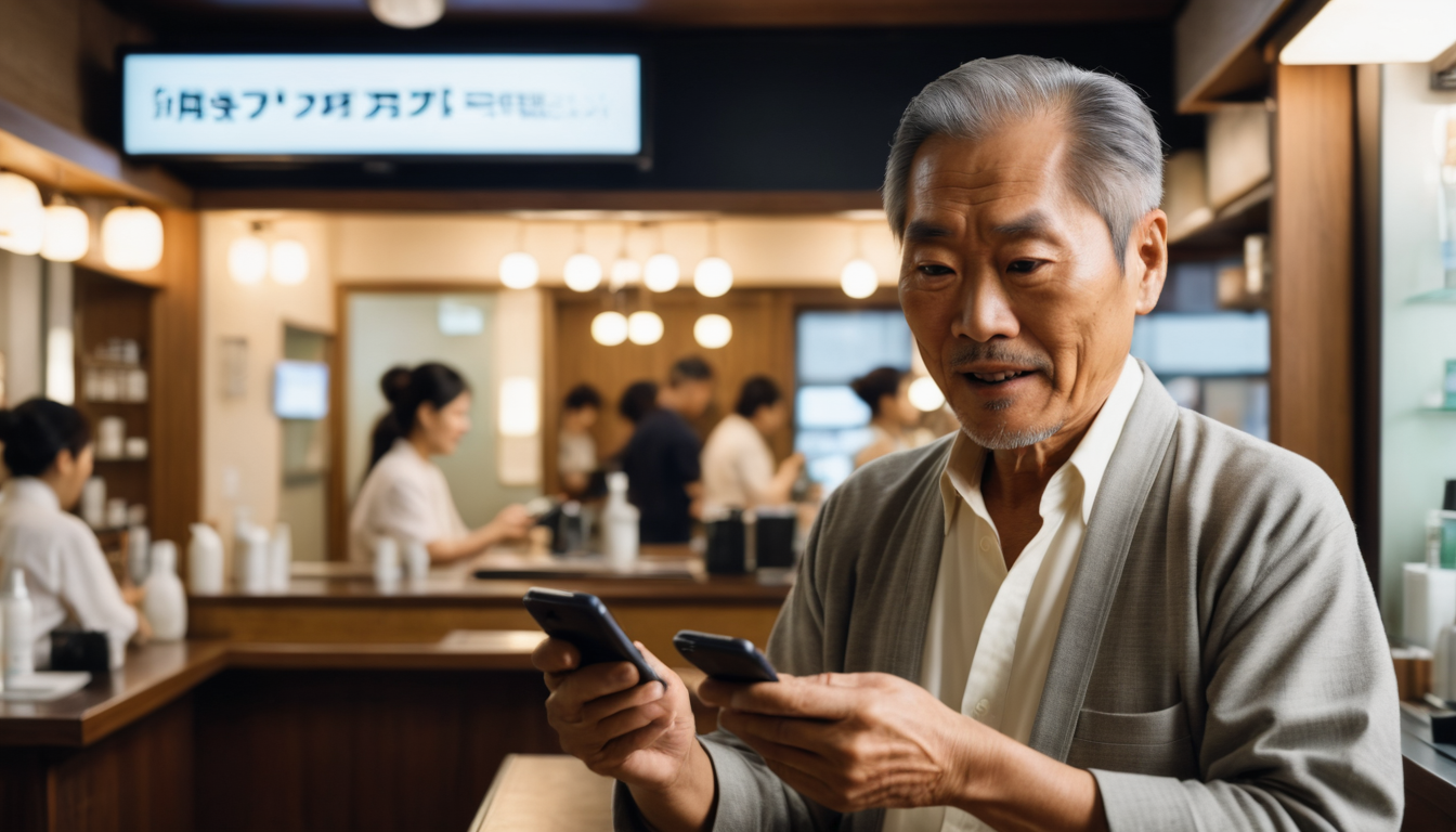 An elderly Asian man using a smartphone in a bustling hair salon, with other patrons engaging in the background.