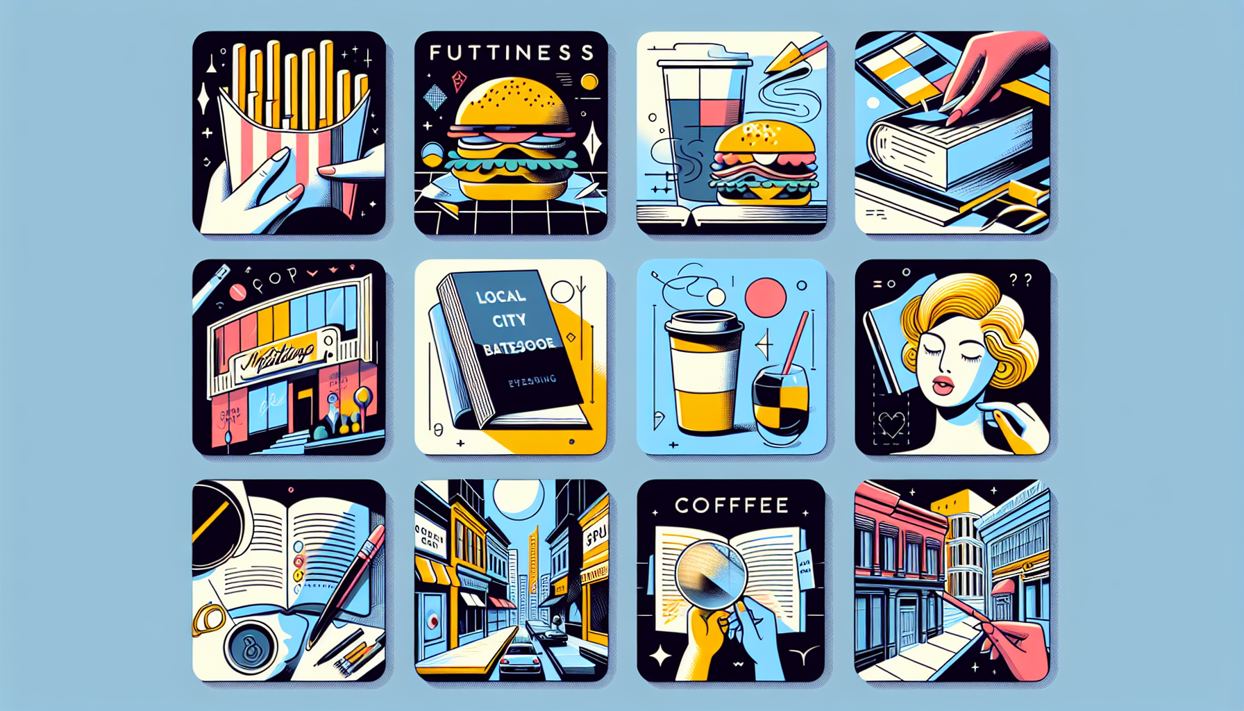 A series of twelve illustrated panels featuring various scenes: fast food, coffee, books, a movie theater, a hairstyling session, a street view, and other daily activities. Each panel highlights moments where loyalty rewards enhance the experience, encouraging customer engagement through everyday interactions.