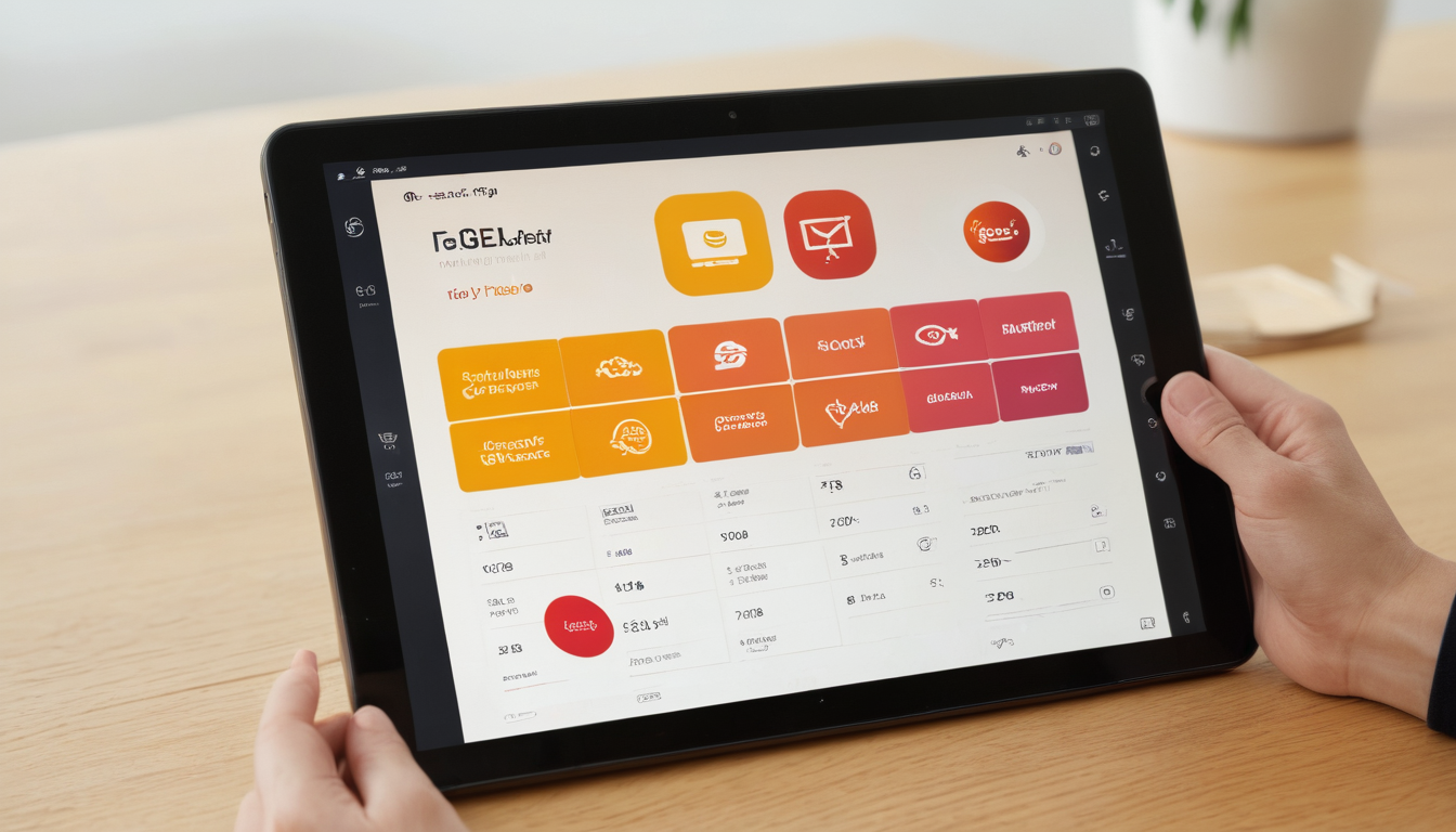 A person's hands holding a tablet displaying a colorful business dashboard with various metrics, digital loyalty cards for business, and icons on a wooden desk.