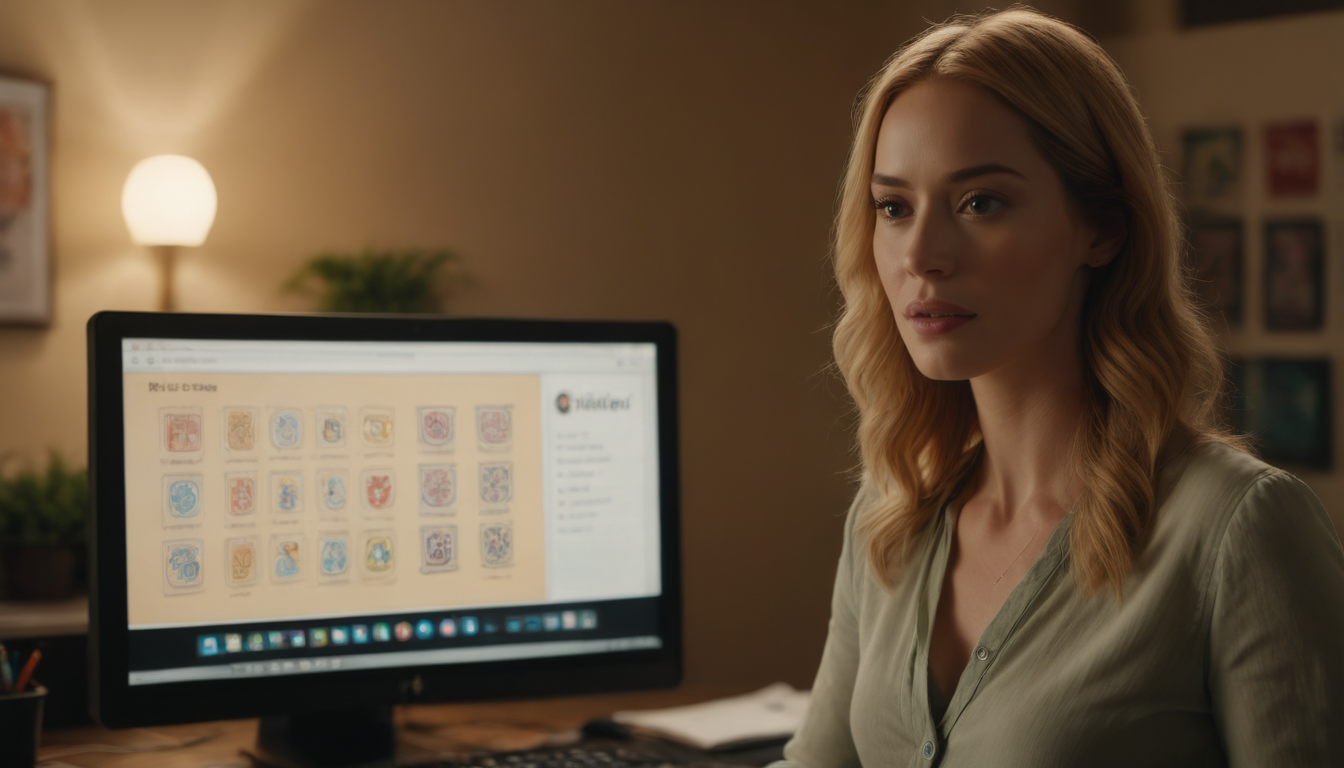 A woman sits at a desk with a computer screen displaying digital loyalty card options, in a warmly lit room.