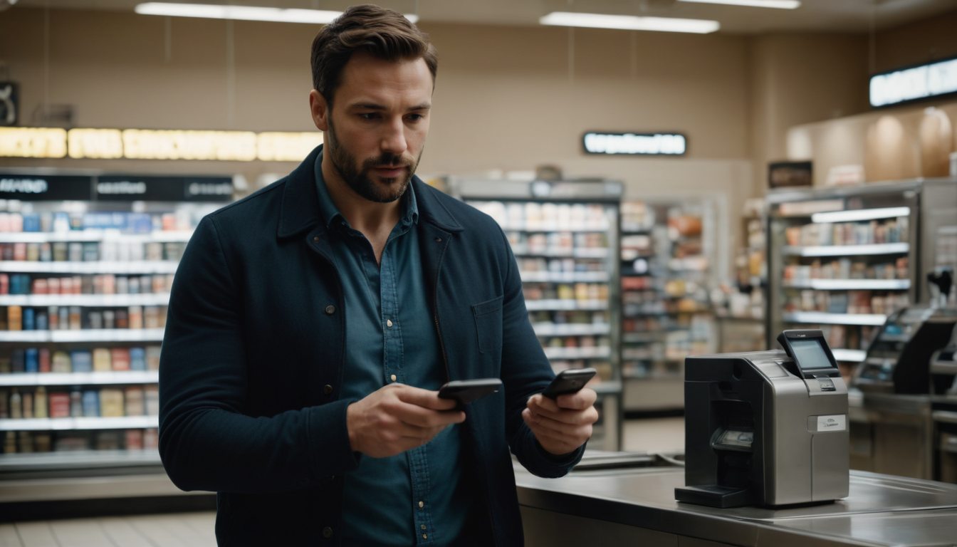 A man in a blue shirt using his smartphone to access a digital loyalty card at a supermarket checkout counter.