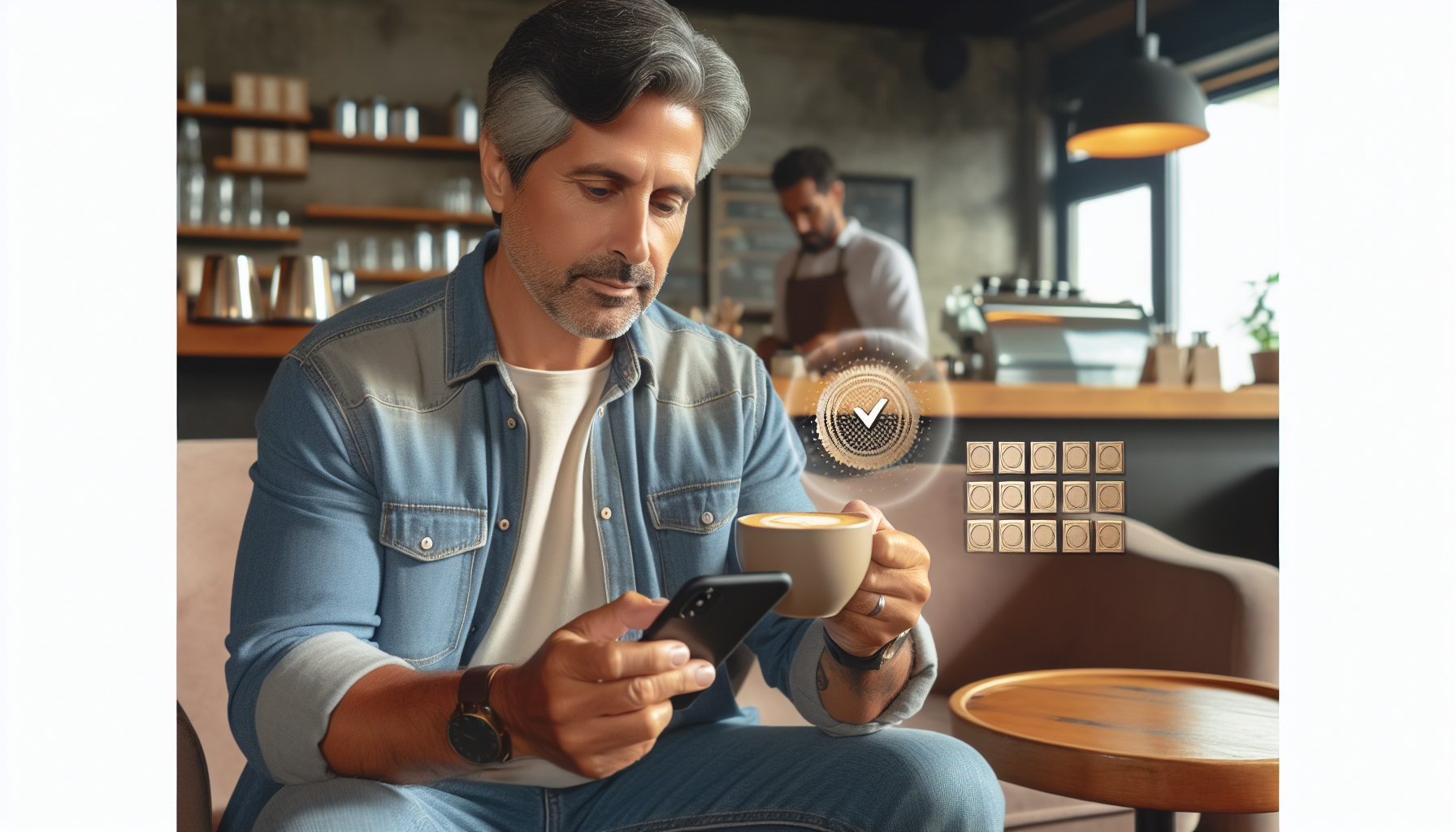 Man in denim jacket holds a coffee cup and looks at his smartphone in a cozy café, with a barista working in the background. He checks his digital loyalty program card, enjoying the perks of the customer rewards program.