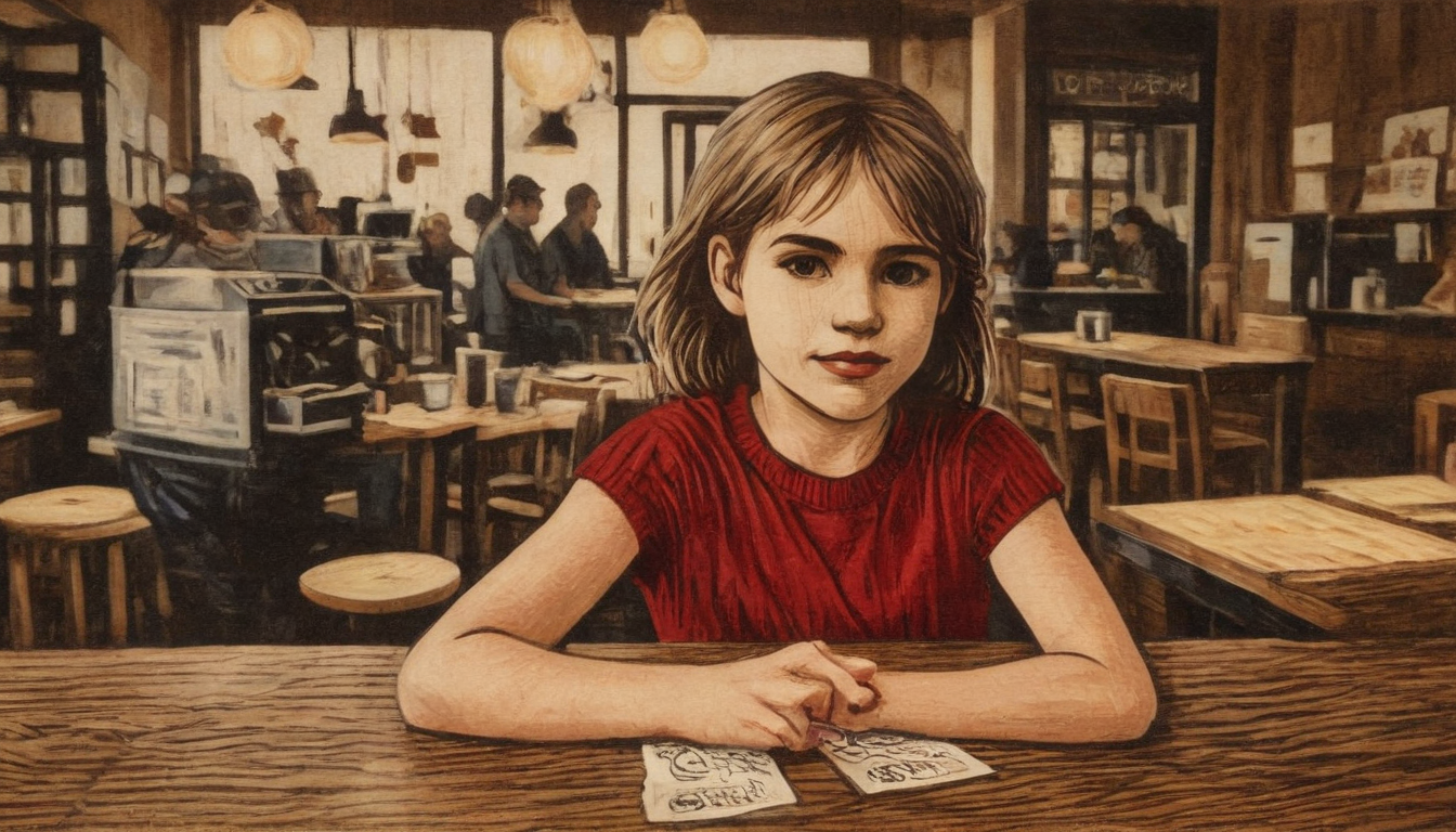 A girl in a red shirt sits at a wooden counter in a busy café, holding two pieces of paper — likely part of the café's customer retention strategy. The café, adorned with wooden furniture, bustles with patrons in the background.