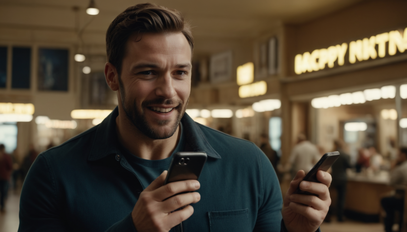 A man smiling while holding two smartphones in a busy shopping area, using a customer rewards app, with a glowing sign that reads "happy kitchen" in the background.