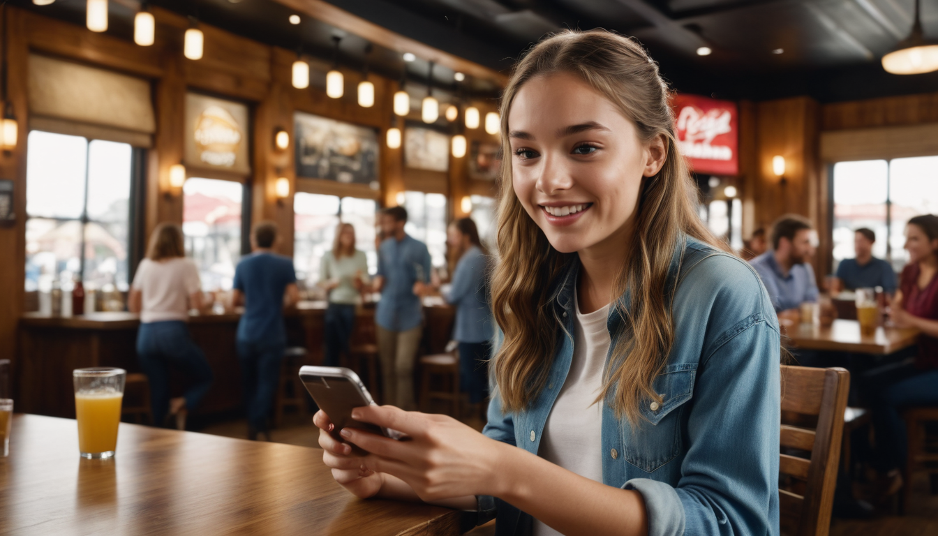 Young woman using smartphone to explore dining membership programs in a bustling restaurant with other patrons in the background.