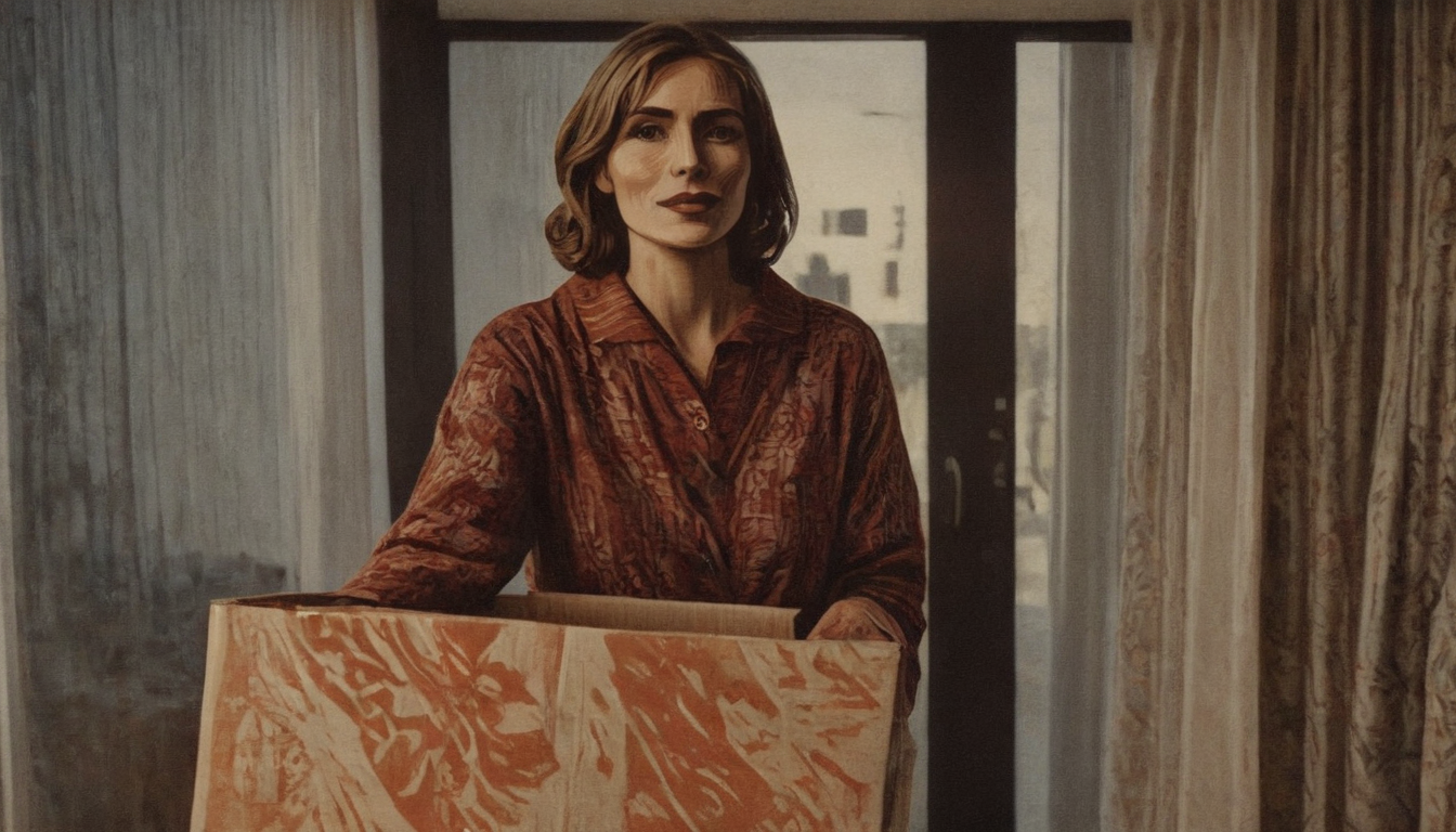 A woman standing indoors, wearing a red patterned shirt, holds an orange and white box in front of her. She is positioned in front of large windows with curtains, possibly showcasing a new customer retention strategy.