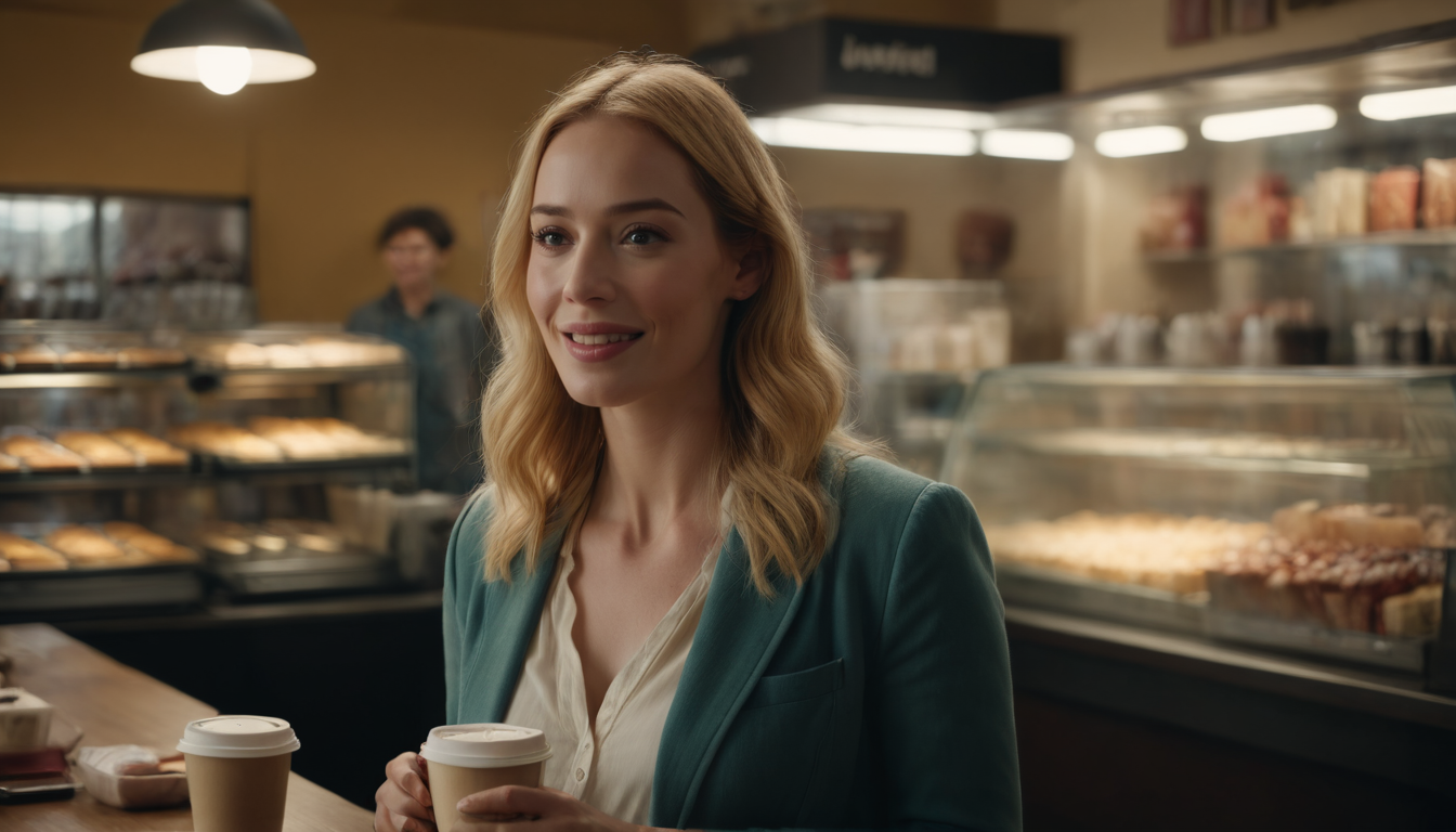 Woman holding two coffee cups stands smiling in a bakery, enrolled in a digital punch card loyalty program, with a male employee in the background.