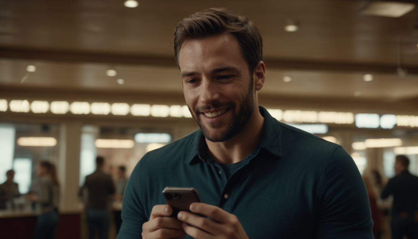 Smiling man with stubble using a customer rewards app on his smartphone in a bustling indoor area.