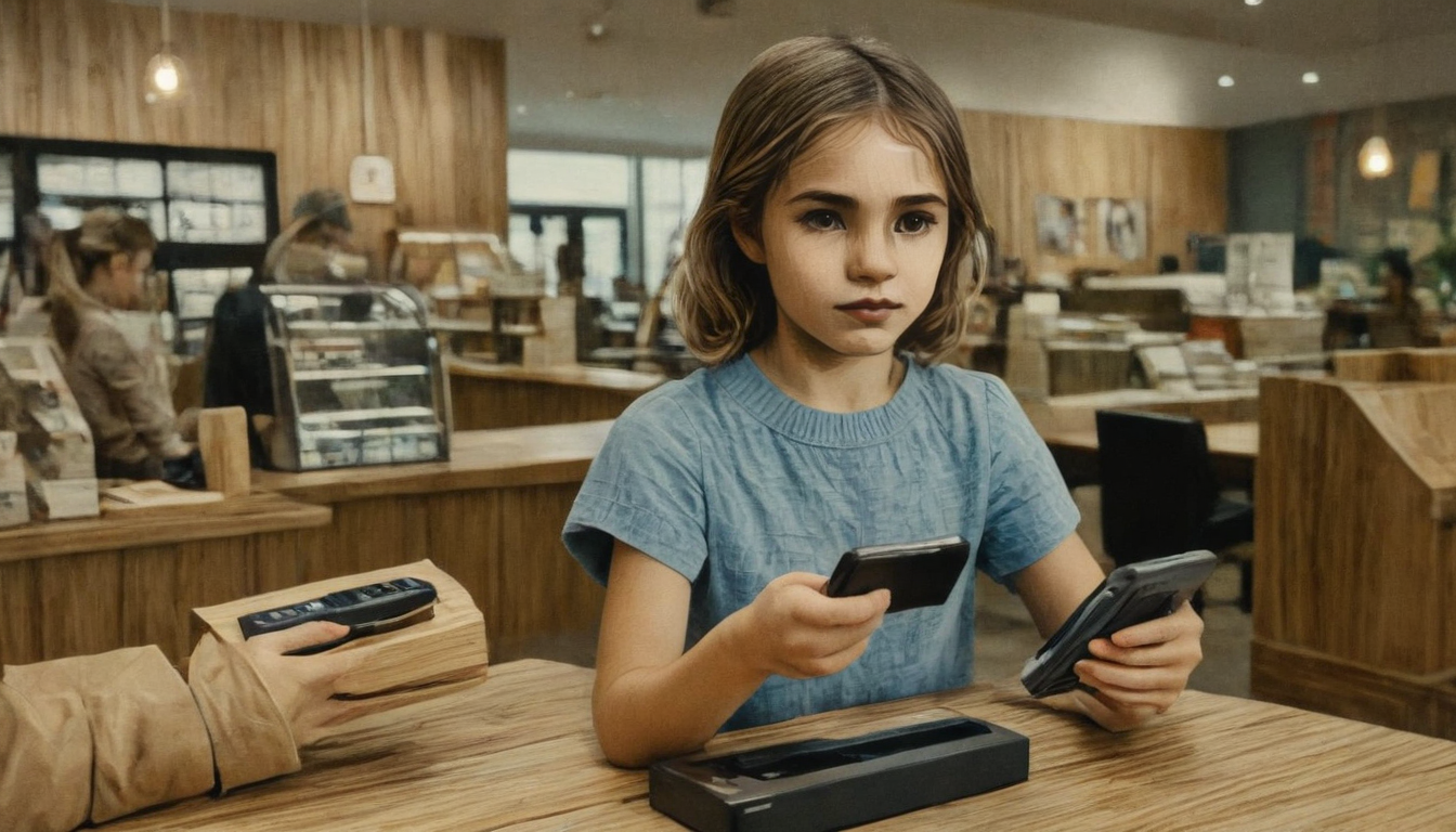 A young girl in a blue dress holds two smartphones in a modern bookstore with wooden decor, showcasing the benefits of Business Loyalty Solutions. Other customers and bookshelves are visible in the background.