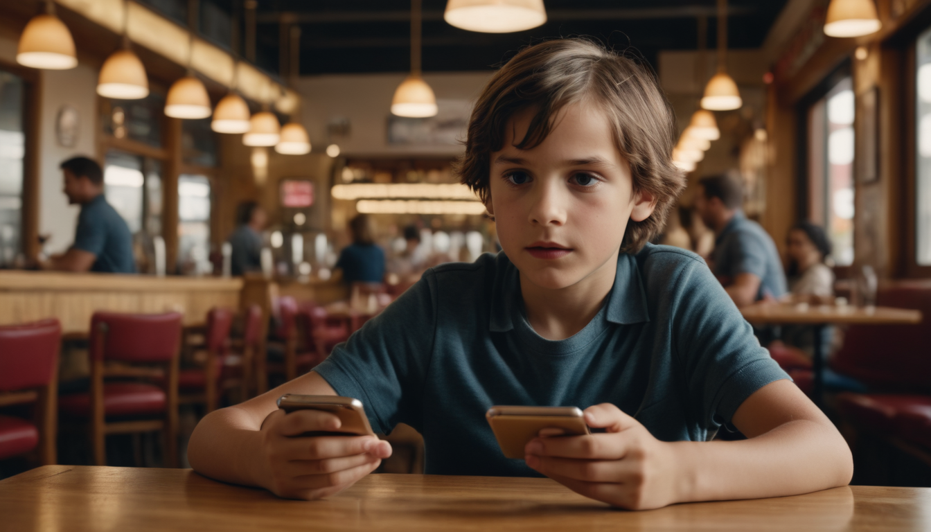 Young boy holding two smartphones, sitting at a table in a busy restaurant, looking thoughtful about customer reward strategies for restaurants.