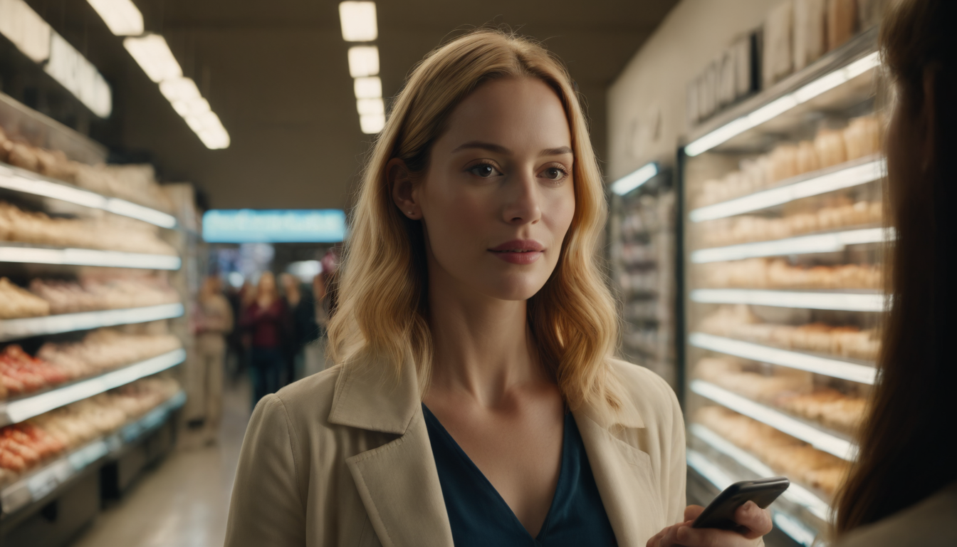 A woman with blonde hair, wearing a beige jacket and blue top, stands in a grocery store aisle, holding a smartphone with loyalty program ideas for small businesses displayed on the screen, and has a thoughtful