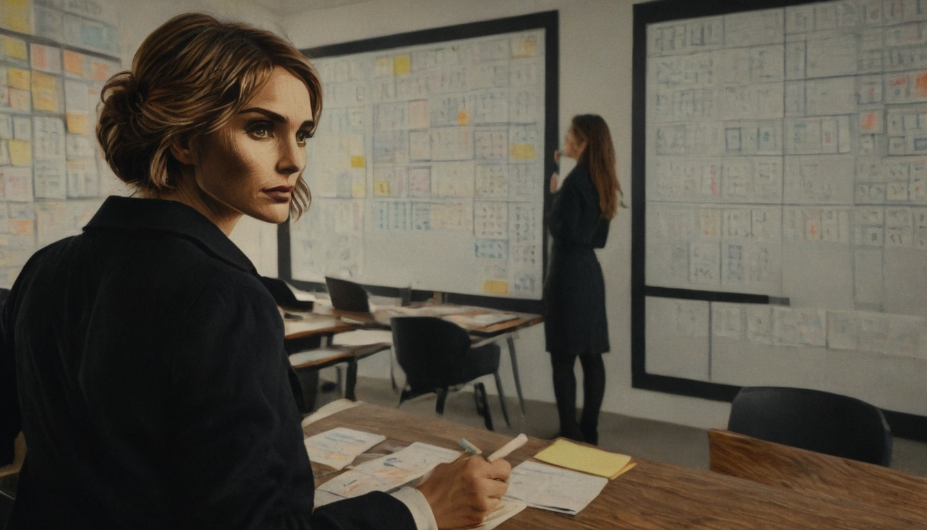         Two women in a room with storyboard sketches on the walls. One sits at a table holding a pen, looking sideways, while the other stands in the background, facing the wall and examining drawings—perhaps brainstorming a new customer retention strategy.