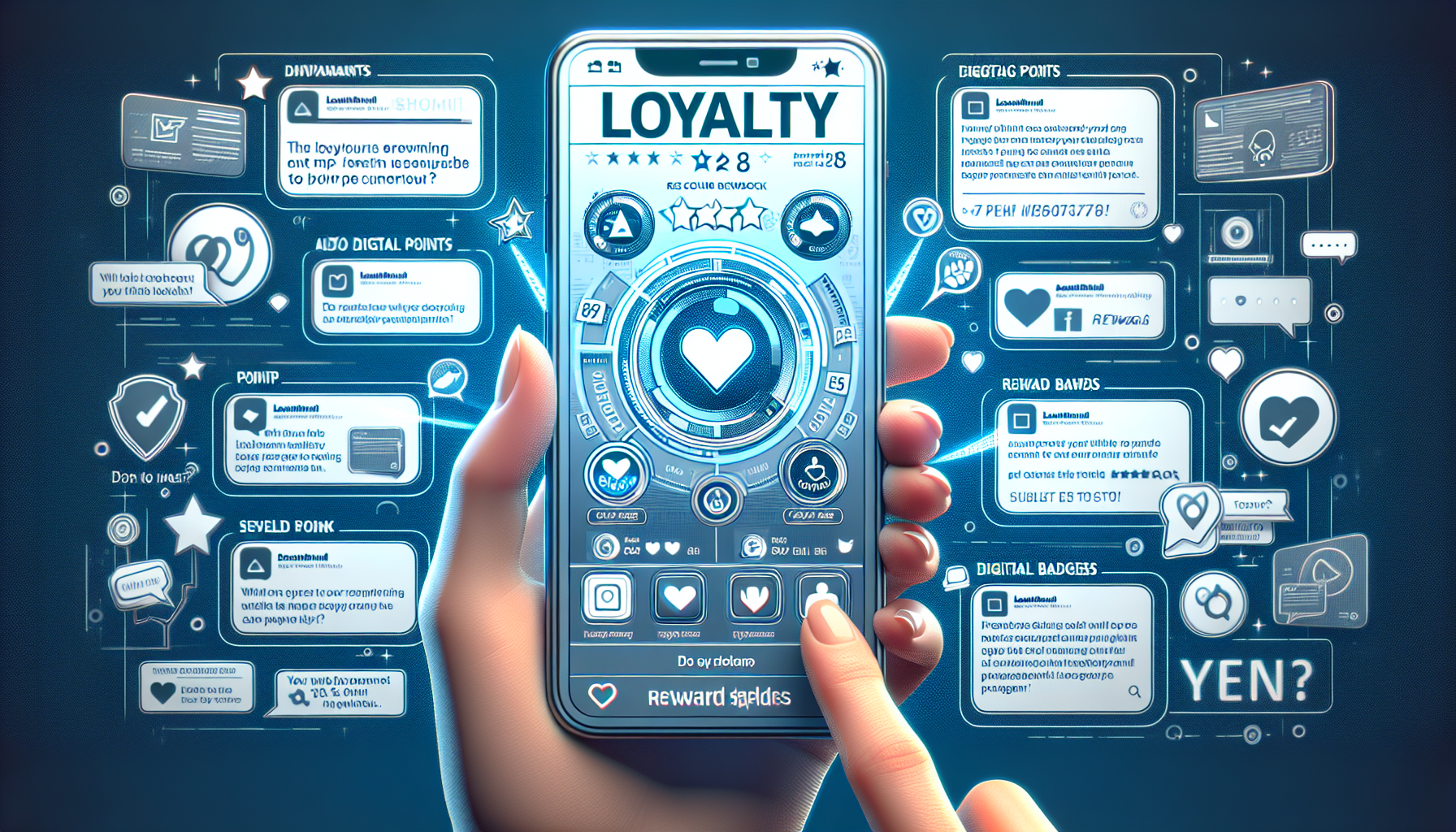 A futuristic hand holding a smartphone displays a digital loyalty program interface with various interactive icons and rewards surrounding it, tailored for small businesses.