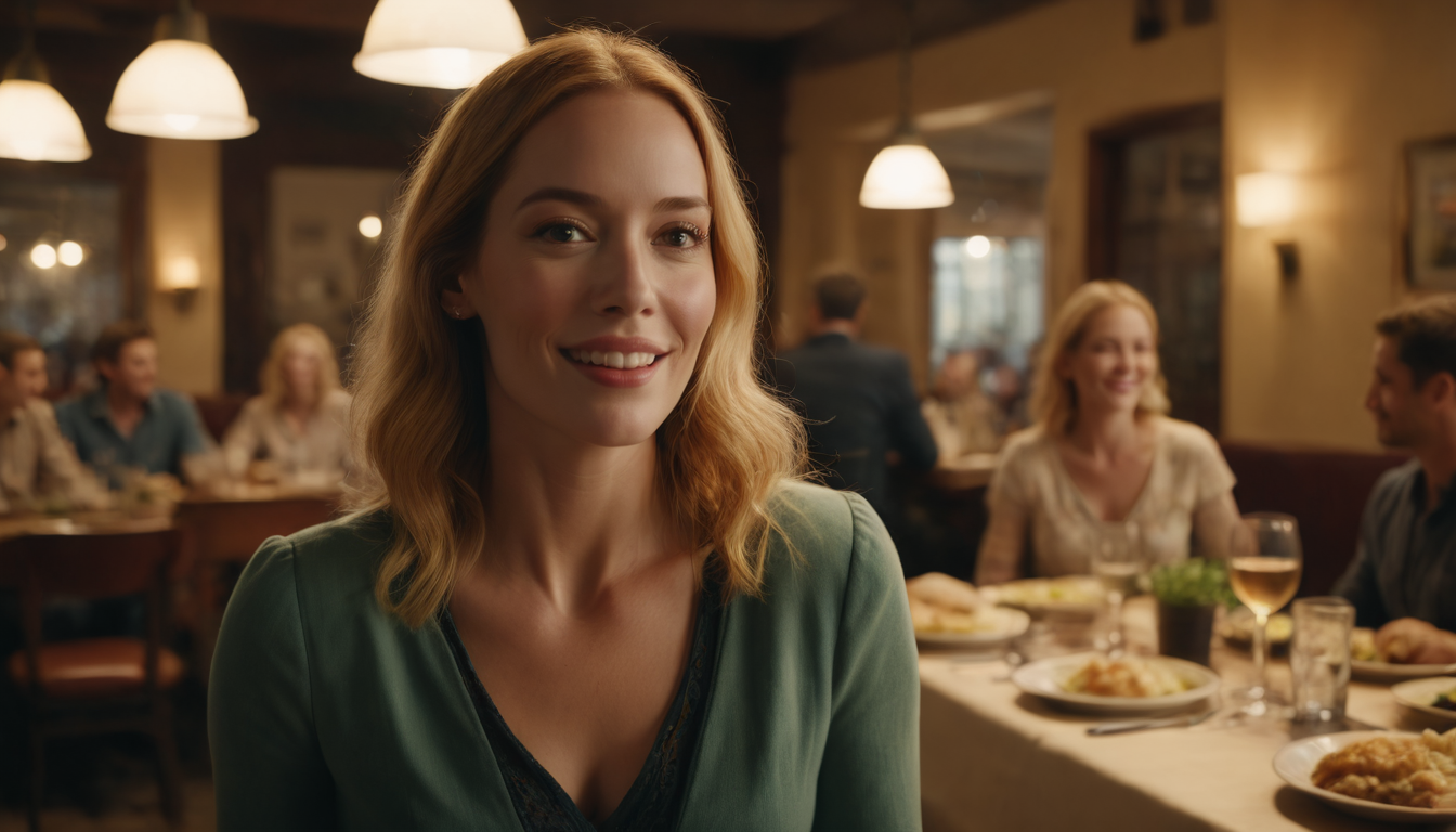 A smiling woman in a green dress sits at a restaurant table, enjoying the benefits of their Restaurant Loyalty Program, with other diners in the background.