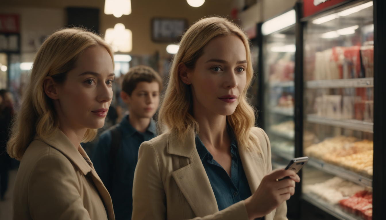 Two women and a boy in a grocery store; one woman is focused on her phone, likely checking the digital punch card loyalty program.