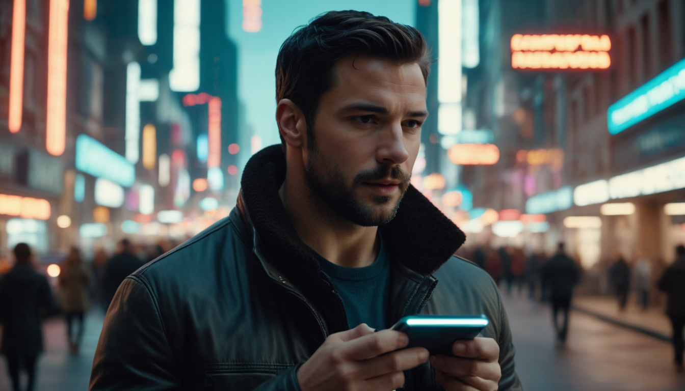 Man holding a smartphone displaying an electronic loyalty card on a city street at night, with blurred neon lights in the background.