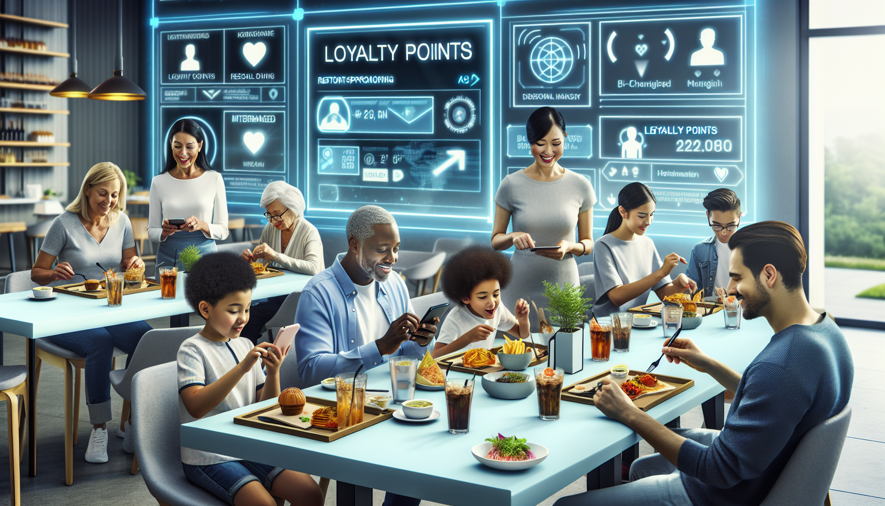 Diverse group of people using smartphones at a modern cafe with a customer rewards system display in the background.