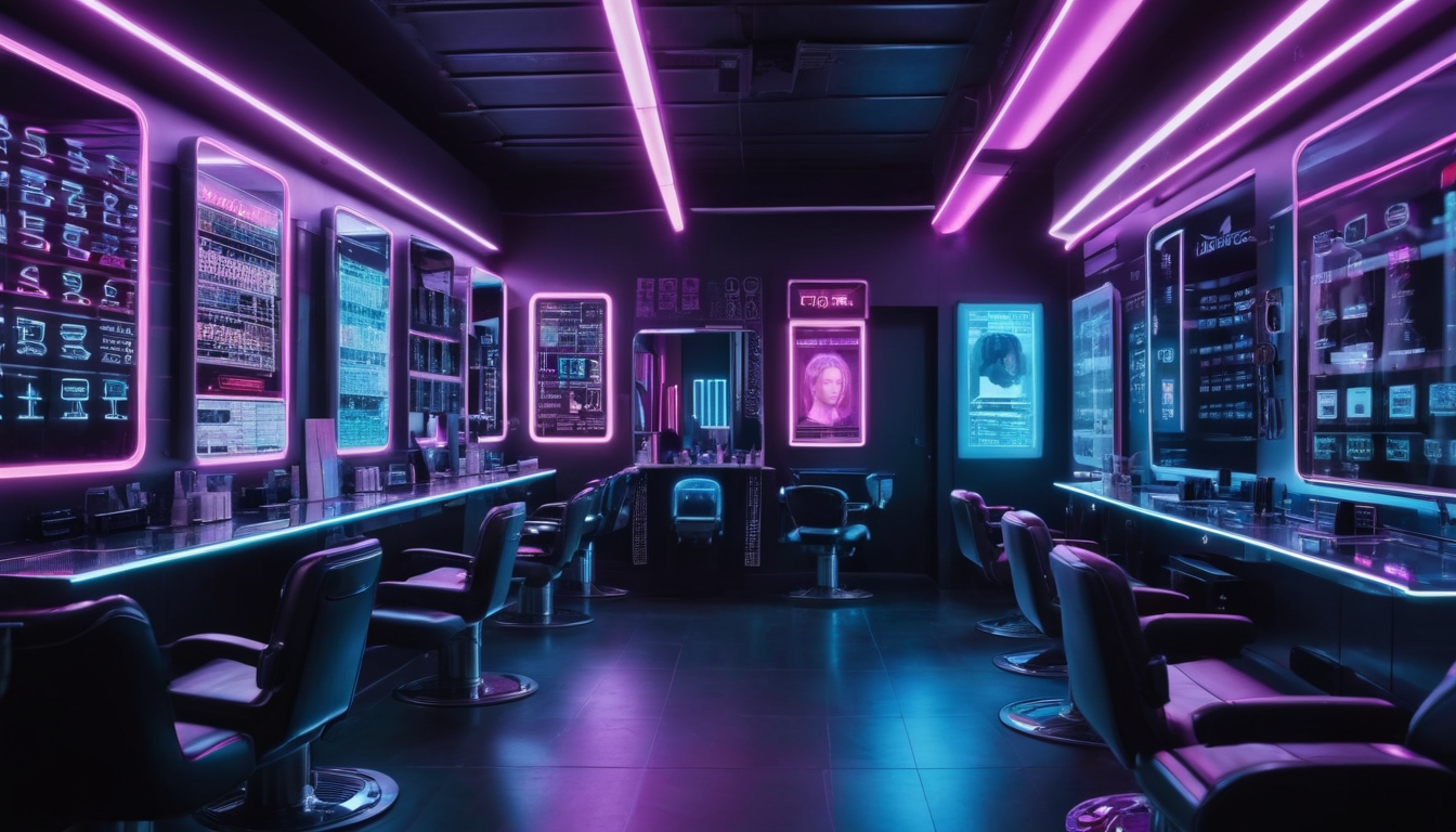 Futuristic hair salon interior with neon pink and blue lighting, featuring multiple styling stations and digital displays on walls promoting the loyalty program.