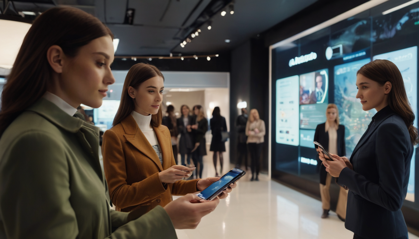 Three women in business attire using smartphones in a high-tech store with digital punch card loyalty displays in the background.