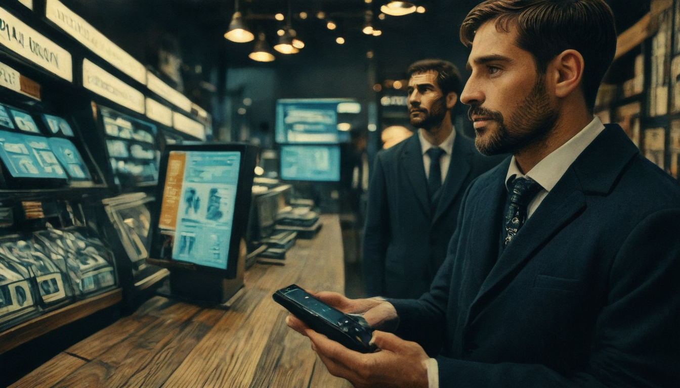 Two men in suits stand at a wooden counter with multiple screens displaying various information. One holds a device, and there is a serious atmosphere, suggesting a high-stakes environment—perhaps discussing Business Loyalty Solutions.