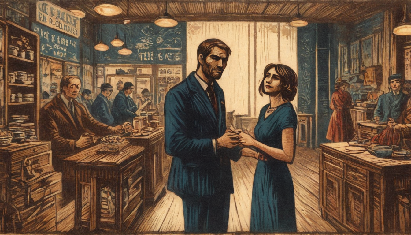 A man and woman stand conversing in the center of a busy, vintage-style apothecary shop, surrounded by shelves of jars and packages. In the background, other patrons and shopkeepers bustle about, highlighting the store's dedication to client appreciation programs and repeat customer incentives.