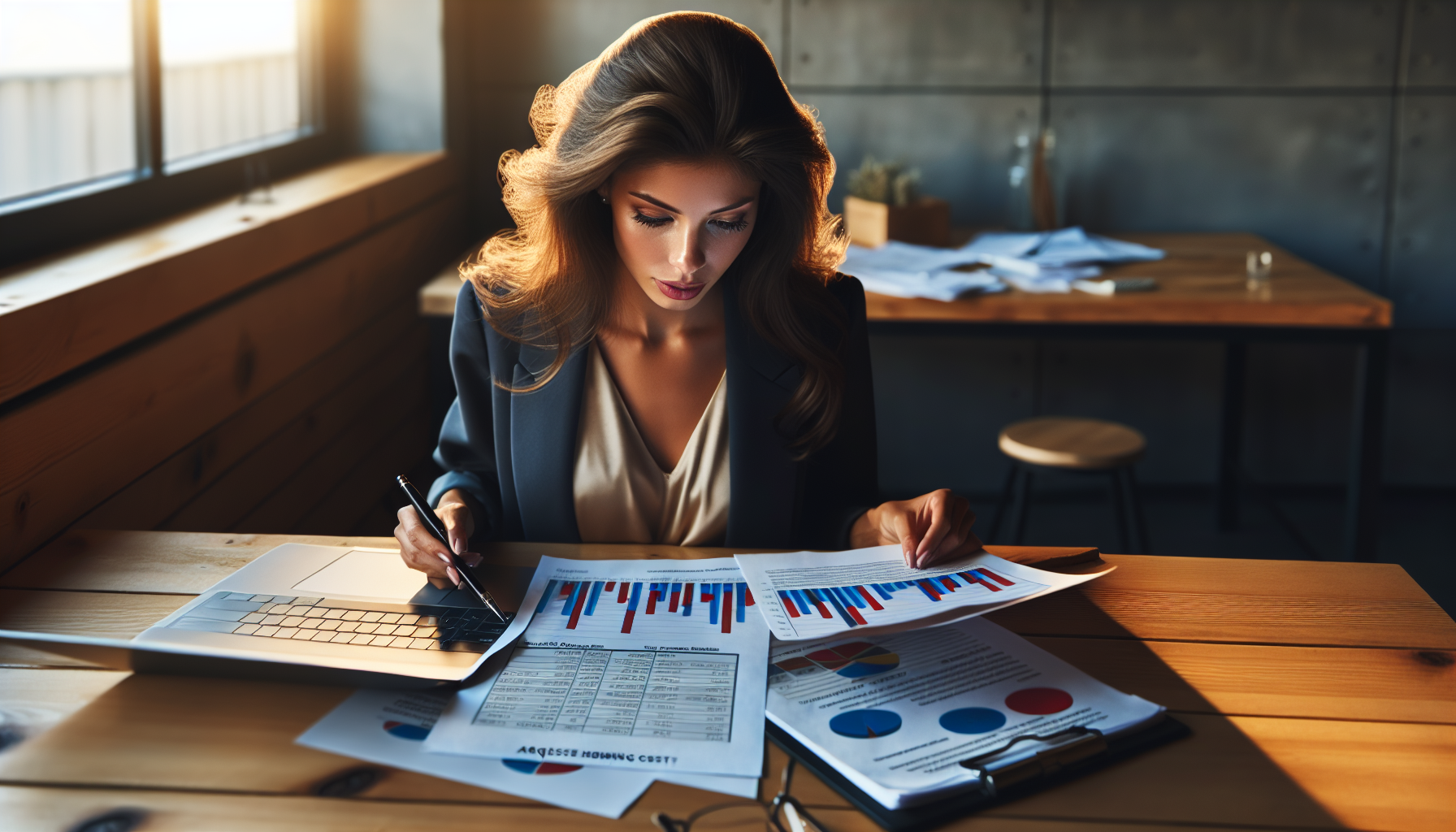 A professional woman reviews loyalty program ideas for small businesses at a desk with a laptop and papers, in a dimly lit office.