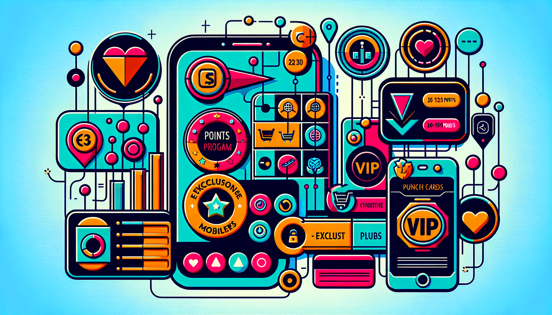 Colorful illustration of a smartphone surrounded by various customer retention strategies, points, and customer rewards graphics in a vibrant, modern style.