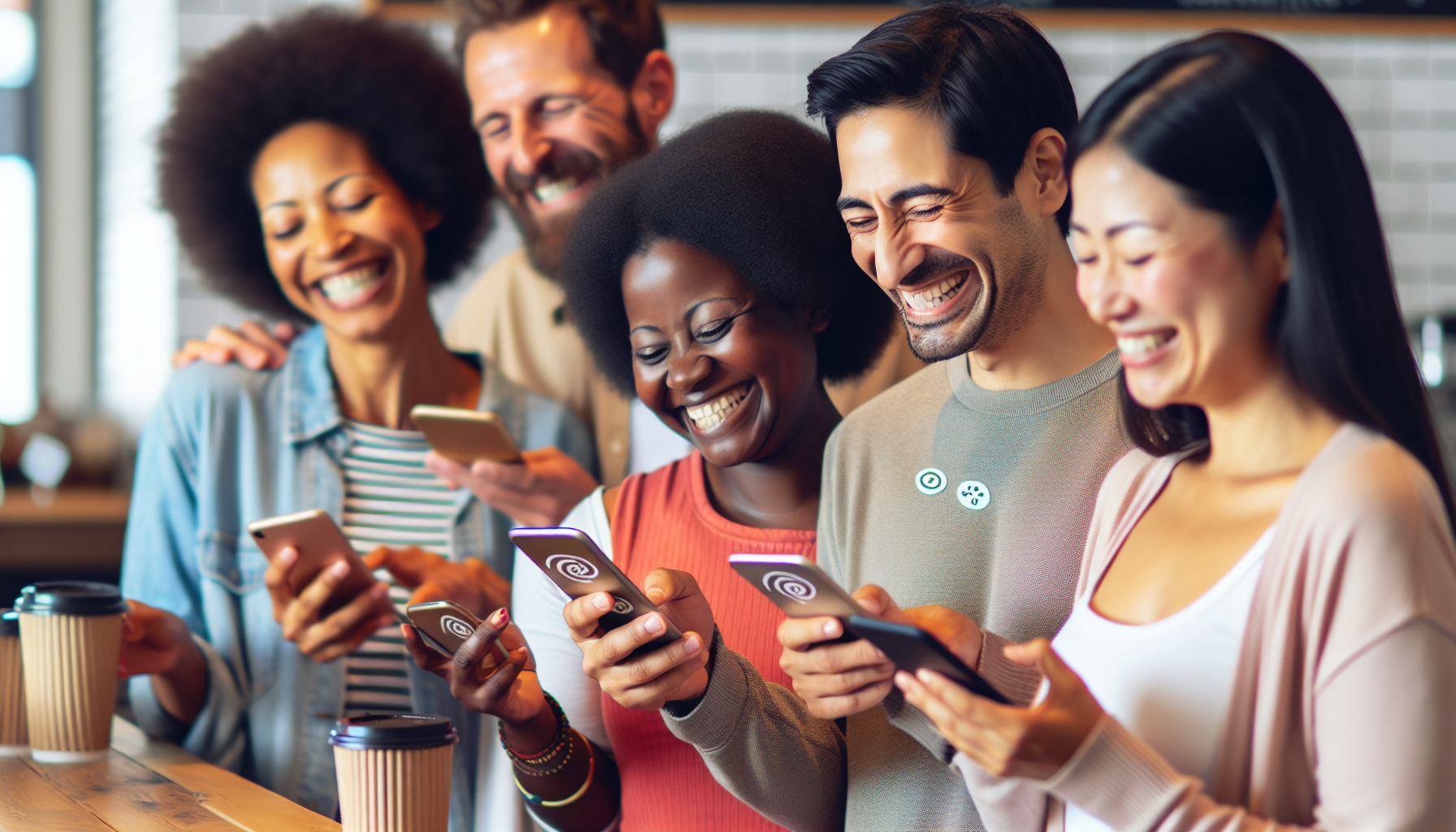 A group of five smiling people looking at their smartphones while standing in a coffee shop, with three cups of coffee on the counter, likely checking their digital loyalty cards.