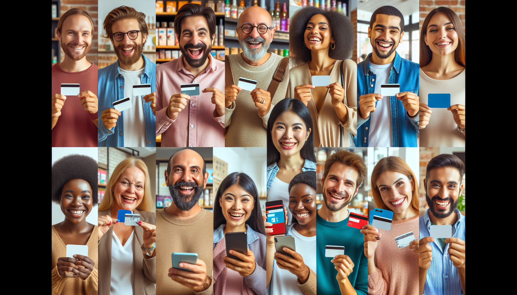 Collage of diverse people smiling and holding credit cards, representing various ages, ethnic backgrounds, and small business loyalty program ideas.