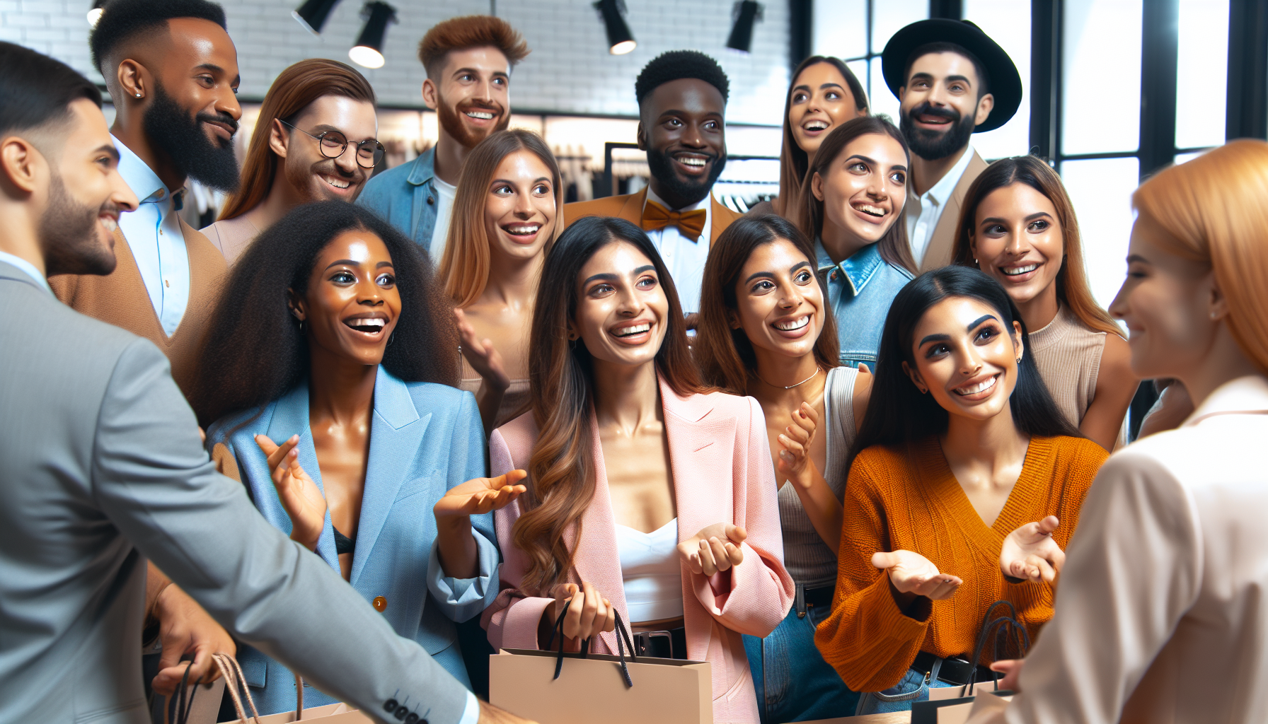 A group of people dressed in fashionable clothing gather indoors, smiling and holding shopping bags while looking towards a person in the foreground, ready to share their shopping haul.