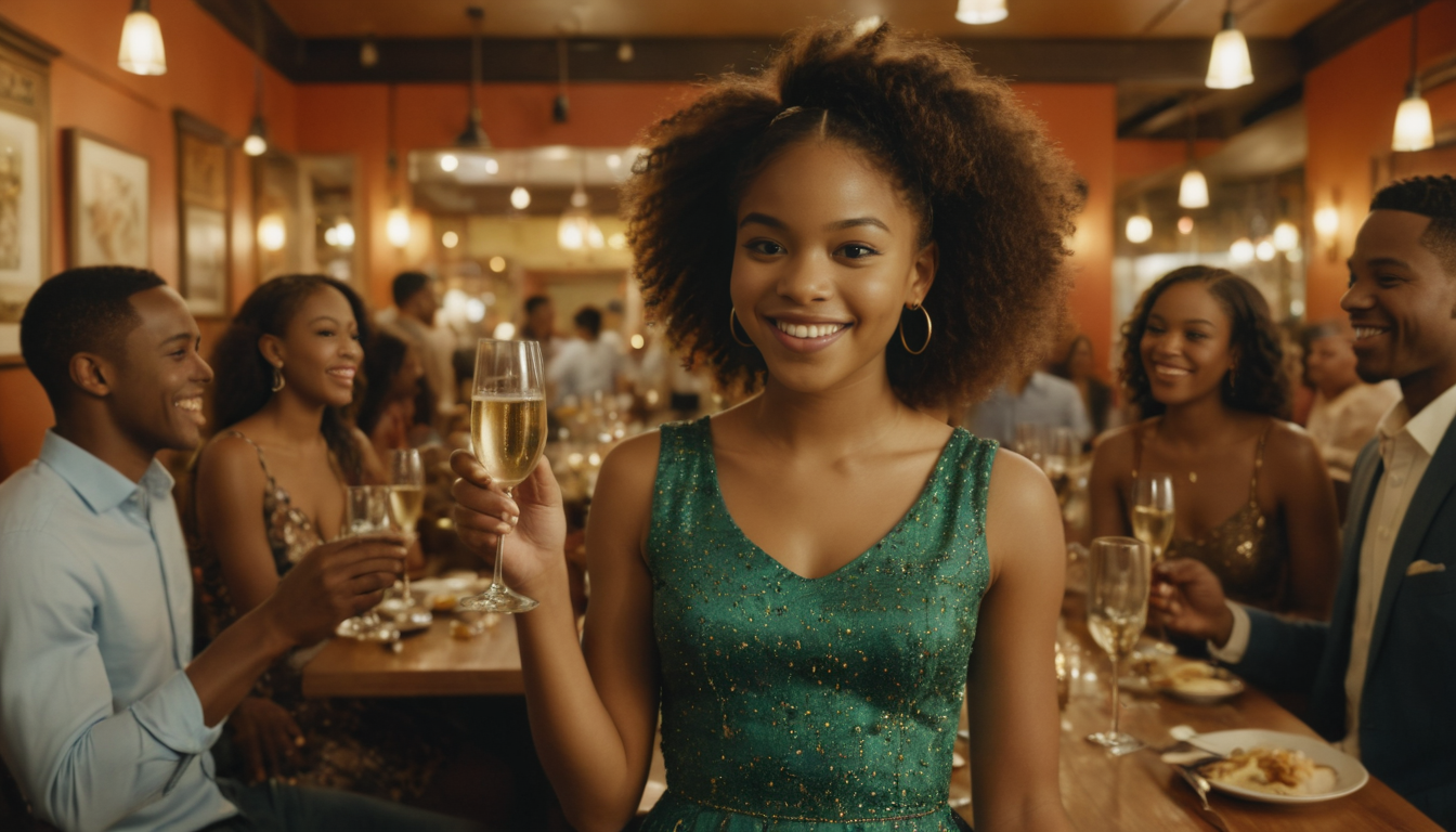 A smiling woman in a green dress holding a champagne glass at a lively party with guests chatting about effective food service loyalty programs in the background.