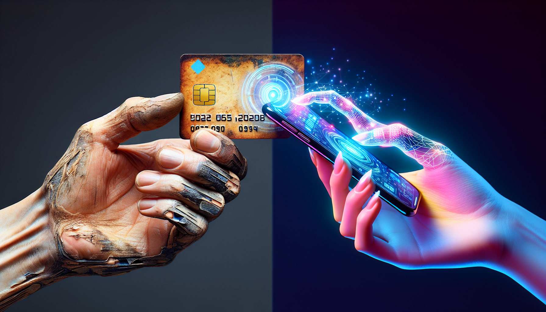 A robotic hand holds a credit card, while a glowing human-like hand interacts with a smartphone showcasing a digital loyalty card, illustrating the contrast between technology and human touch.