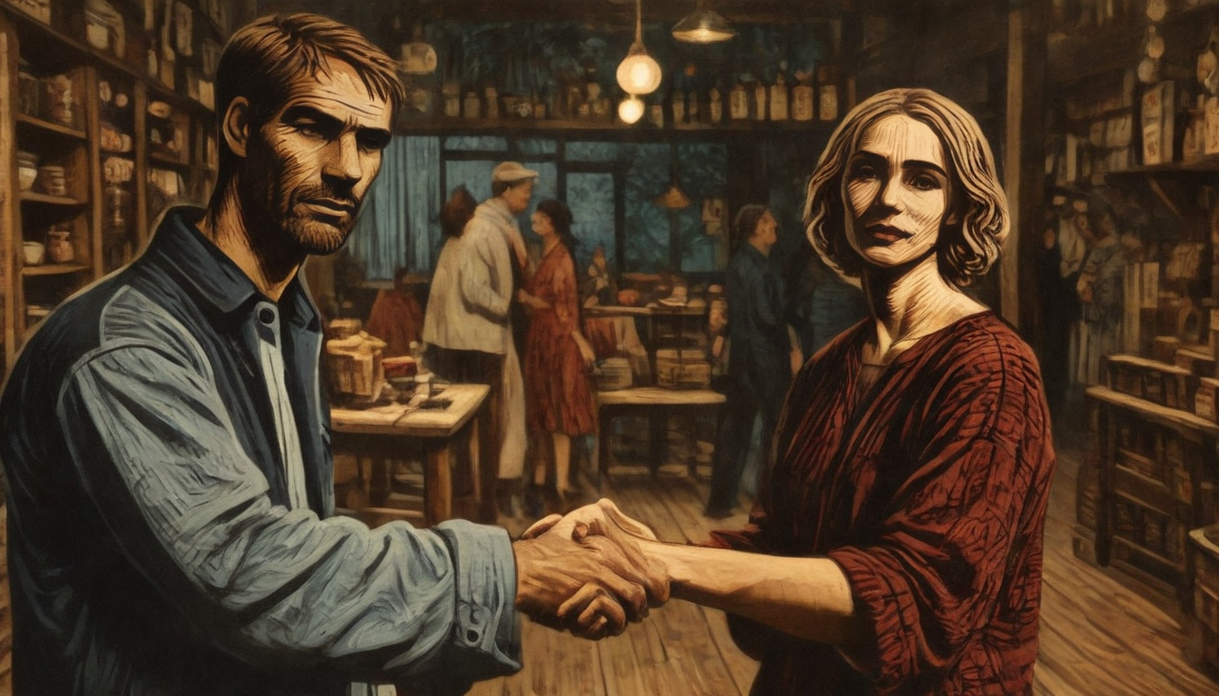 Two people shaking hands inside a rustic store with shelves of goods in the background, where repeat customer incentives have fostered strong relationships. Three other people are conversing in the background.