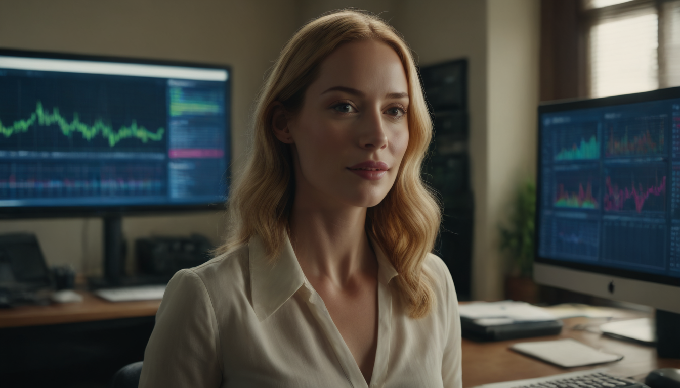 A confident woman sits in an office with multiple computer screens displaying financial graphs and a loyalty program app for small business in the background.