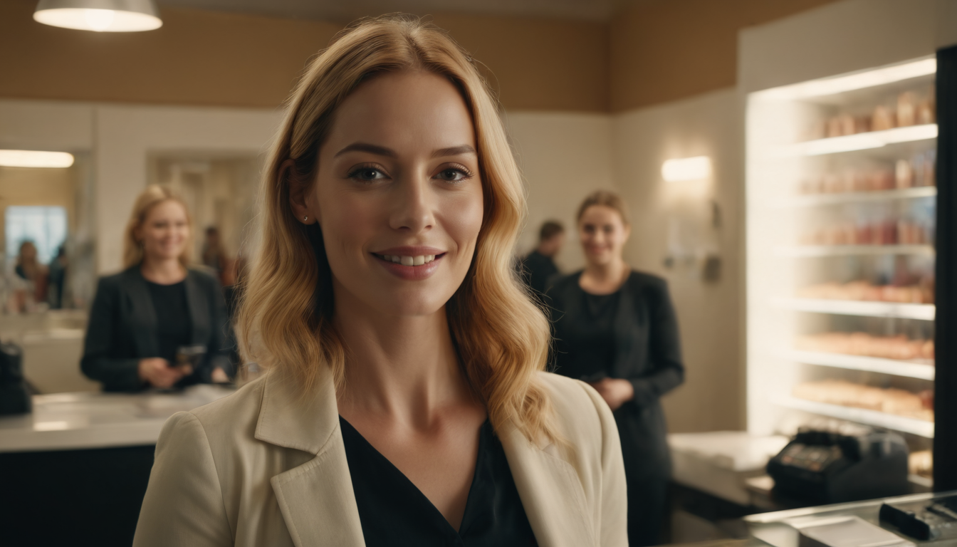 A woman with blonde hair smiling at the camera in a well-lit hair salon with other people in the background.