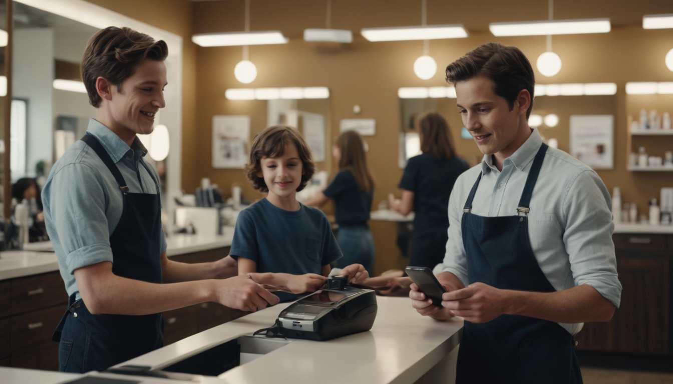 Hair stylists in aprons serving a customer at a register with a woman working on hair salon loyalty program ideas in the background.