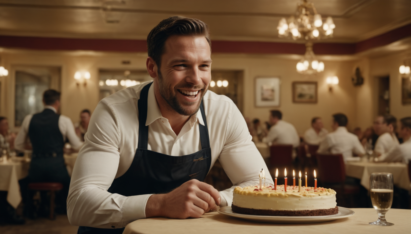 A smiling waiter presenting a birthday cake with lit candles in a bustling restaurant setting, highlighting the venue's customer reward strategies.