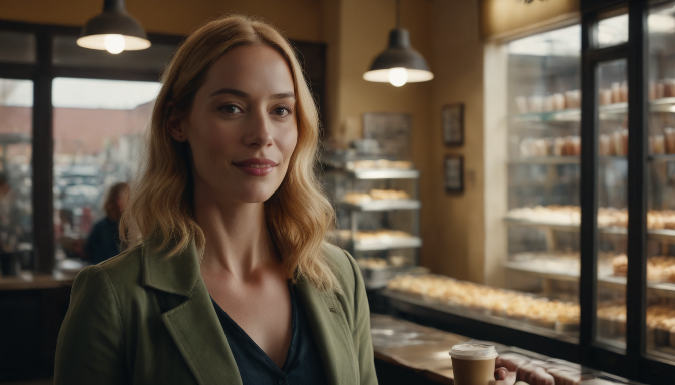 A woman with blonde hair, wearing a green jacket, smiling gently in a bakery with a coffee cup in hand, showcases their latest loyalty program software for small business.