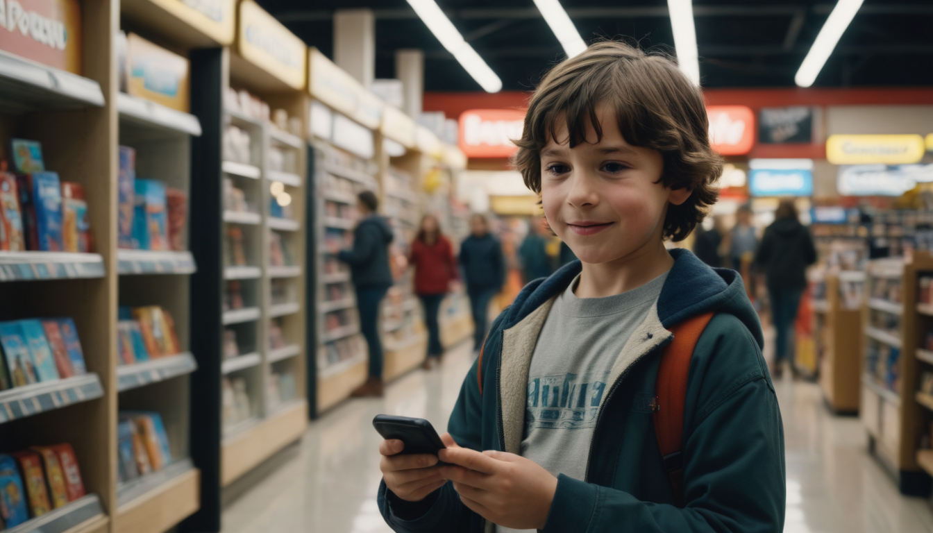 Young boy with a backpack smiling while using a digital loyalty card app on his smartphone in a bookstore aisle.